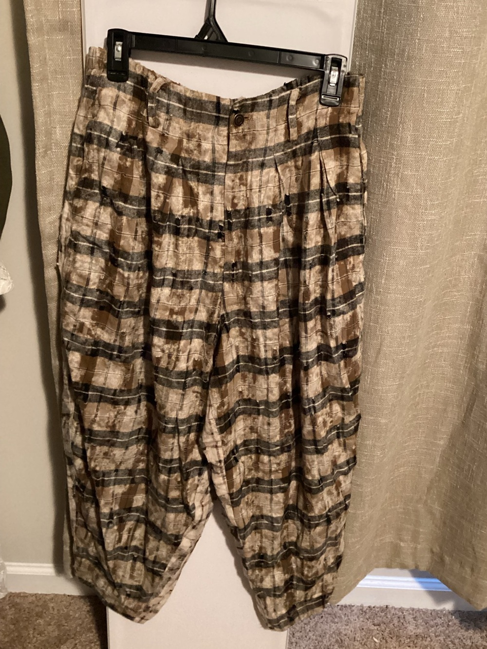 Woman’s Plaid Drop-Crotch Pants in Tan and Black